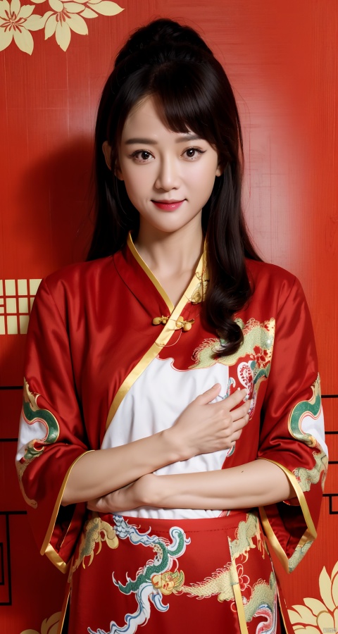  (Masterpiece, best picture quality, master works), epic composition, a girl, (Chinese dragon pattern | Dahongpao), Chinese New Year, Happy New Year, may you come into a good fortune,red theme, takei film, 1girl, jiajingwen,onegai teacher, dilireba, chenqiaoen