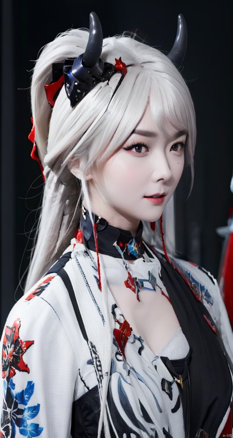  (Masterpiece, best picture quality, master works), epic composition, a girl,white hair,soukaku|cosplay, black thighhighs, 1girl,bule_skin,horns,ns,takei film,cyberpunk edgerunners, blood