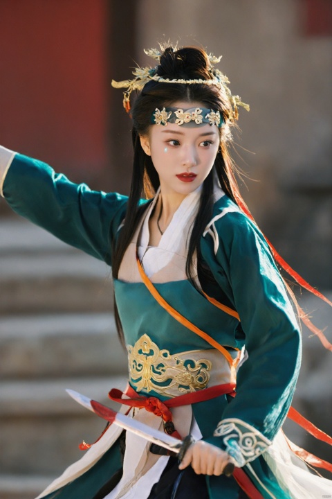  Wuxia style, a spirited girl, wearing Ming Dynasty armor, holding Chinese Tang sword, broken wind, Chinese classical architecture, mugglelight