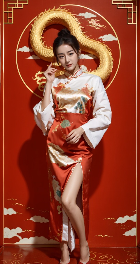  (Masterpiece, best picture quality, master works), epic composition, a girl, (Chinese dragon pattern | Dahongpao), Chinese New Year, Happy New Year, may you come into a good fortune,red theme, takei film, 1girl, jiajingwen,onegai teacher, dilireba