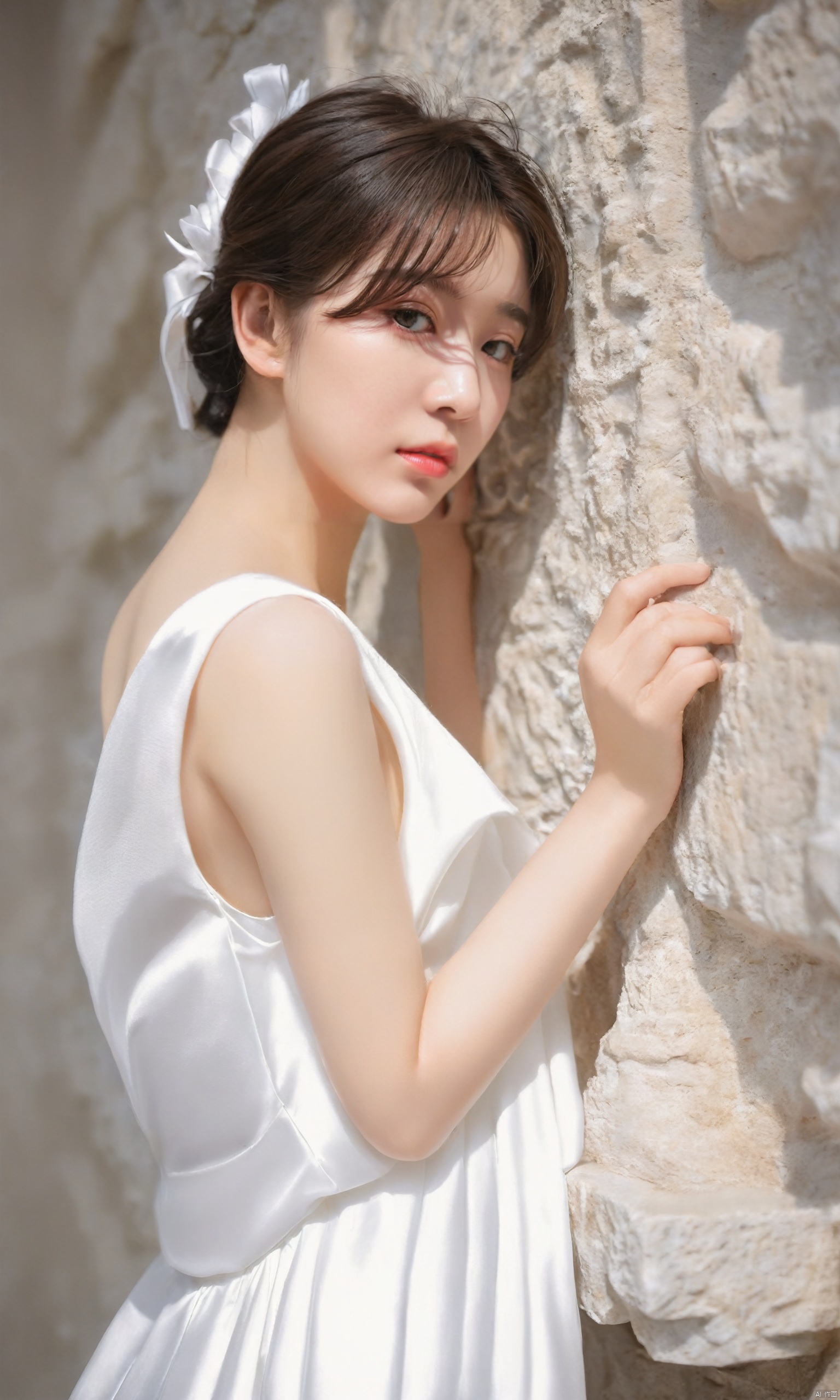  araffe asian woman in white dress leaning against a wall, a marble sculpture by Nagasawa Rosetsu, pixiv, rococo, smooth translucent white skin, realistic young gravure idol, young sensual gravure idol