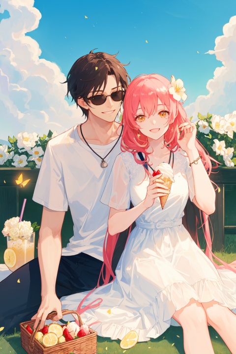 (((best quality))),(((ultra detailed))),(((masterpiece))),((8K Wallpaper)),Summer Style,Dessert,((lovers)),((Elegant posture)),cute couple moments,young couple in love,smiling faces,romantic date,love in the air,meticulous care and pampering,endless summer love.,love letters,glowing and youthful skin,flawless skin,summer outfits,floral dresses,shorts and t-shirts,drink a toast,ice cream cones,refreshing lemonades,blooming flowers,laughter and joy,warm breeze,sunny day,sunglasses,cotton candy clouds,picnic in the park,strawberries and cream,twinkling stars at night,fireflies dancing,starry-eyed gazes,beautiful hands,slender fingers,soft and smooth touch,graceful gestures,delicate veins,elegant wrist,gentle curves,sparkling jewelry,expressive and artistic hand movements,hands that tell a story,impeccable hand hygiene,hands that exude confidence and grace,