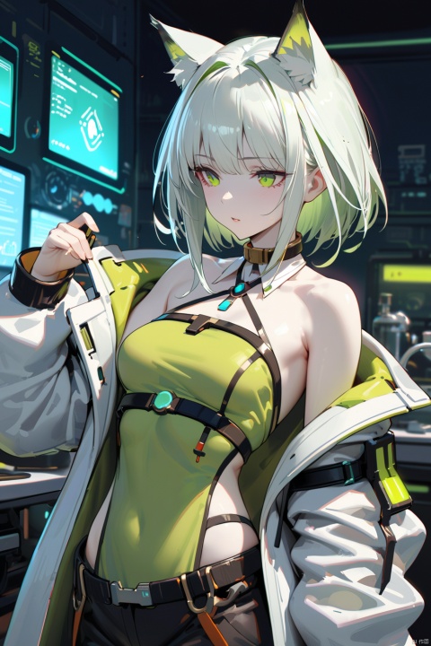  1girl, (40-year-old, mature female), sideways glance, white skin, white hair, small breasts, cat_ears, white coat, green top, black short, waist_upon, in the lab, equipment, ultra-detailed, best quality, masterpiece, Kal'tsit, cyberpunk 