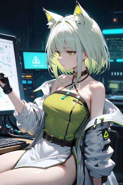  1girl, (40-year-old, mature female), sideways glance, white skin, white hair, small breasts, cat_ears, white coat, green top, black short, waist_upon, in the lab, equipment, ultra-detailed, best quality, masterpiece, Kal'tsit, cyberpunk 