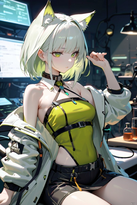  1girl, (40-year-old, mature female), sideways glance, white skin, white hair, small breasts, cat_ears, white coat, green top, black short, waist_upon, in the lab, equipment, ultra-detailed, best quality, masterpiece, Kal'tsit, cyberpunk