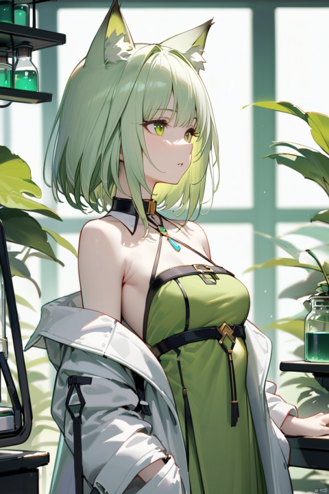  1girl, (40-year-old, mature female), upper_body, sideways glance, white skin, white|green hair, small breasts, cat_ears, white coat, black|green dress, in green house, lab, ultra-detailed, best quality, masterpiece, Kal'tsit, 