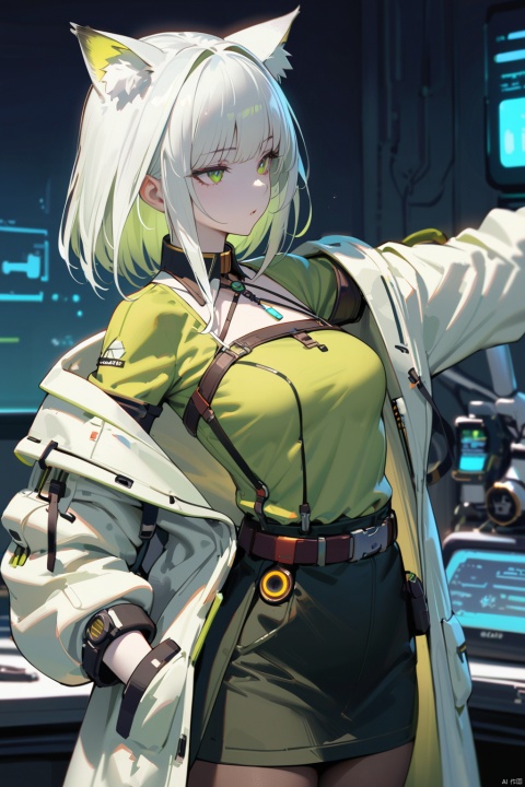  1girl, (40-year-old, mature female), sideways glance, white skin, white hair, small breasts, cat_ears, white coat, green shirt, black short, waist_upon, in the lab, equipment, ultra-detailed, best quality, masterpiece, Kal'tsit, cyberpunk 