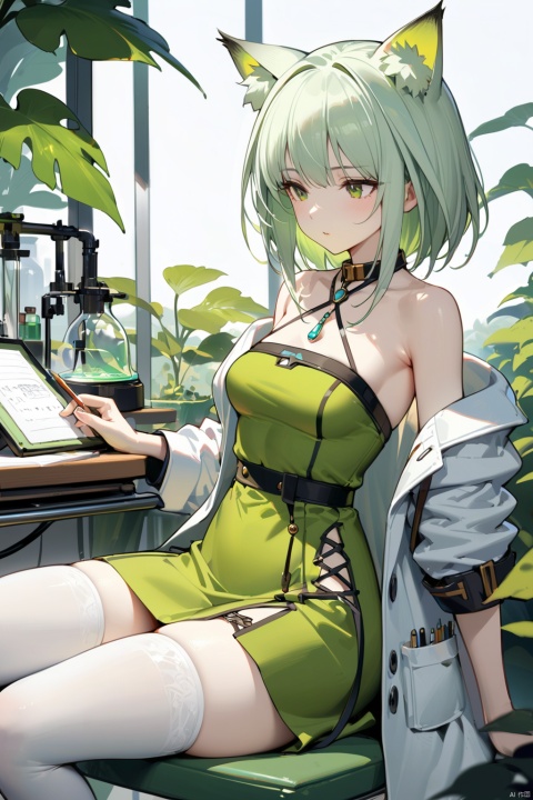  1girl, (40-year-old, mature female), sideways glance, white skin, white|green hair, small breasts, cat_ears, white coat, black|green dress, waist_upon, laced white thighhighs, in green house, lab, equipment, ultra-detailed, best quality, masterpiece, Kal'tsit, notepad
