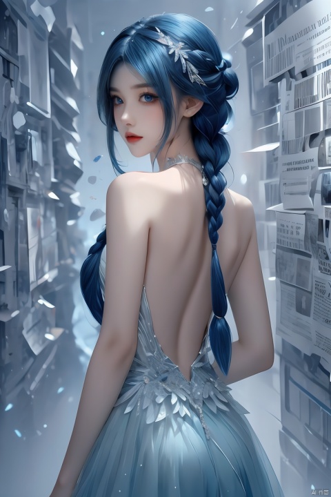 1 girl, blue hair, blue double braids, blue eyes (like sapphire), formal dress, semi backless, neckband, skirt, newspaper wall background