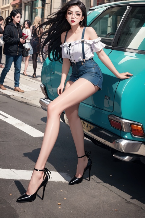 Masterpiece, best quality, realistic street background, 1Girl, black hair, bare shoulders, long hair, JK short skirt, above calves, suspenders, long legs, ribbon leg accessories, jade feet, high heels, denim lens, dynamic posture, dynamic angle, black hair, bare shoulders,behisheroine,legs,high heels