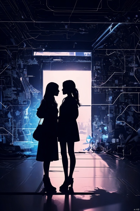  2girls, one is 34 years old and the other is 8 years old,silhouette, drawn by electronic circuits, (blueprint),(heart:1.4),graphic design,4k detailed post processing, atmospheric, hyper realistic, 8k, epic composition, artstation,intricate details,