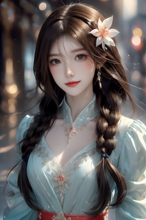 1girl, solo, brown hair, hair ornament, braid, long hair, wide sleeves, looking at viewer, brown eyes, jewelry, hair flower, long sleeves, sash, dress, mischevious smile, perfect body, scenery, sharp focus, best quality, masterpiece, detailed outfit, illustration, perfect eyes, finely detailed beautiful anime eyes, realistic skin, intricate details, best lighting, depth of field, ultra high resolution,cowboy_shot, dynamic pose, dynamic angle,