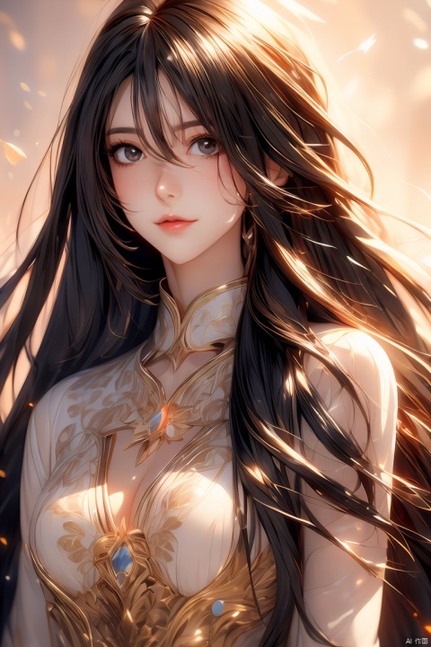  Best quality, masterpiece, ultra high res, (photorealistic:1.2), a girl,Depth of field, golden hour, (rim lighting:1.1), soft shadows, vibrant colors, hazy glow, painterly effect, dreamy atmosphere,A clear face,Black hair, long hair, straight hair, white clothes,Medium-sized,gemstones,ornaments,flash,diffusion, 1girl, anime, meimo