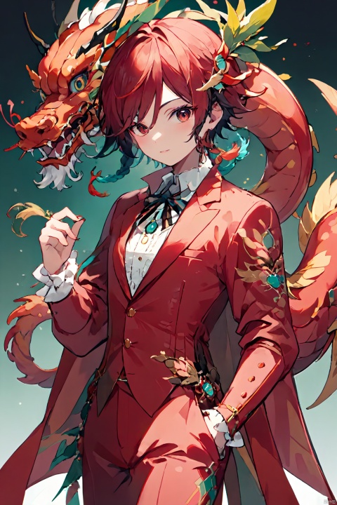 vendi wearing a red New Year's suit with a red Chinese dragon behind him,venti,1girl,(masterpiece, best quality:1.2),halloween costume, halloween,Simple illustration style, male focus, solo, z, venti,clear,clean
