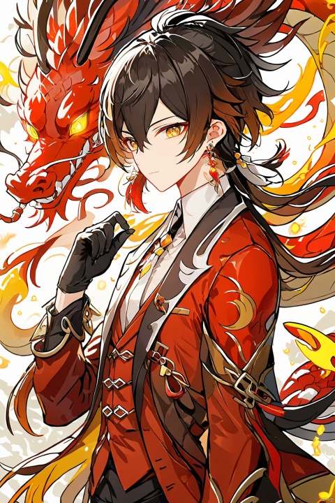  zhongli,zhongli is wearing a red New Year's suit with a red Chinese dragon behind him,Simple illustration style, male focus, solo, zhongli (genshin impact), dragon,red dragon,1boy, long hair, gloves, brown hair, black gloves, earrings, bangs, single earring, long sleeves, necktie, hair between eyes, multicolored hair, tassel, collared shirt, ponytail, shirt, thumb ring, jacket, formal, tassel earrings, blurry background, looking at viewer, yellow eyes, closed mouth, pants, suit, blurry, gradient hair, polearm, makeup, black hair, eyeliner, white necktie, holding, BJ_Sacred_beast_Illustration