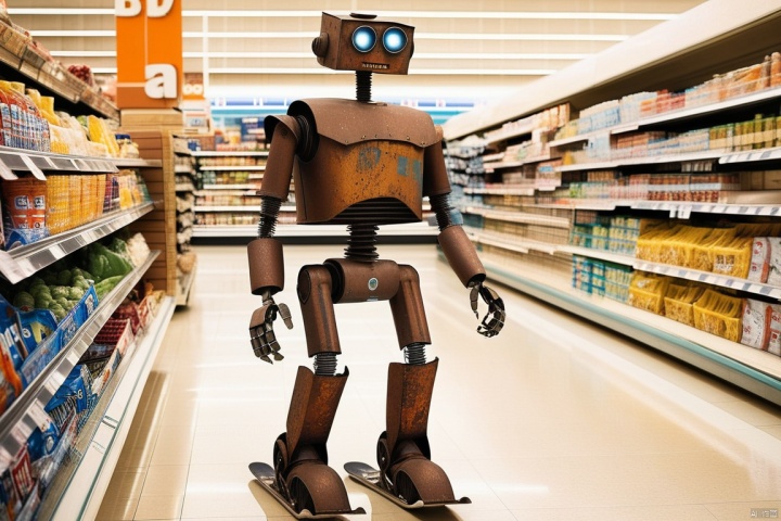 an old rusted robot wearing pants and a jacket riding skis in a supermarket. 