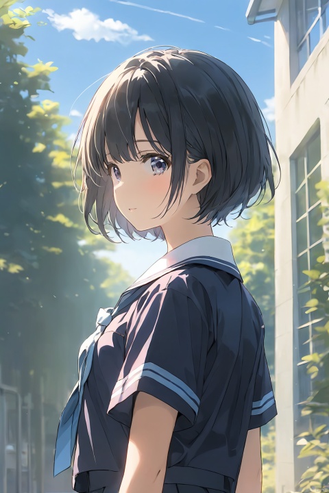  1girl, solo,short hair,school uniform,out door,best quality,clear,colorful