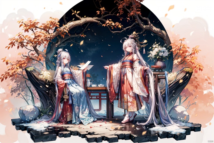  Masterpiece, best quality, 8K, cinematography, ultra-high resolution, Chinese painting, 1 girl, solo, mid chest, early morning, forest, peach and plum, headwear, colorful hair, floral hair, Chinese art, long skirt, Hanfu, Calf, stockings, whole body, extra long hair, floating hair, ribbons, upper body, Chinese clothing, flowers, sleeveless, flower earrings, flower branches, ru_qun