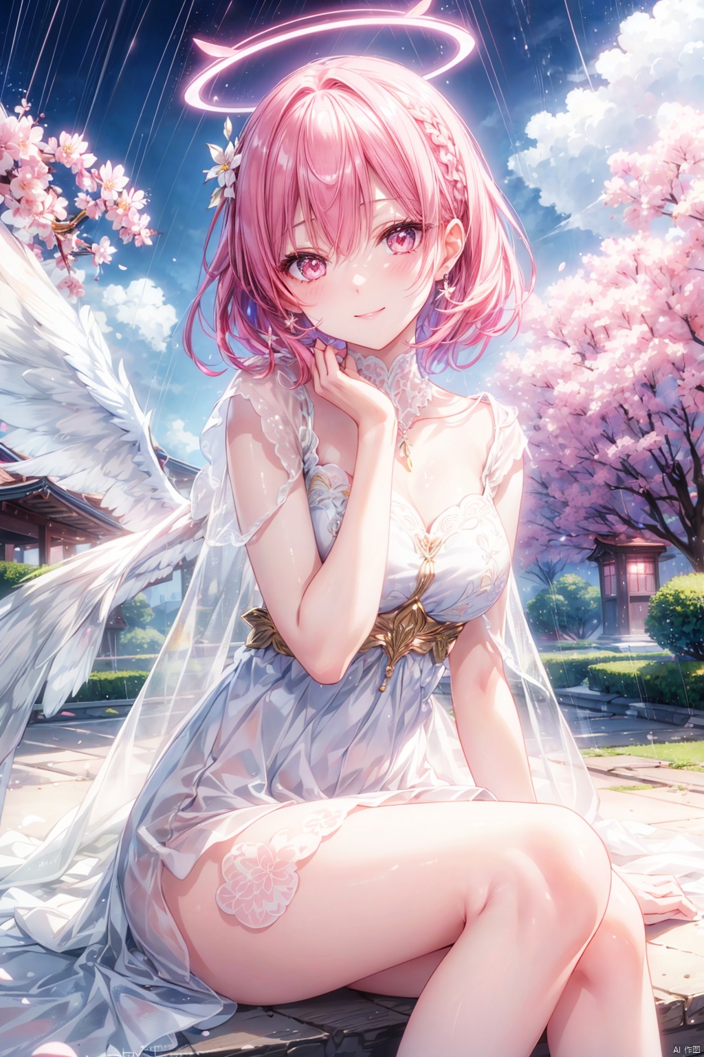 misono mika, pink hair, golden eyes, wings, halo, white dress,
(masterpiece), (best quality), (ultra-detailed), wide field of view, medium full shot, depth of field, cinematic lighting, beautiful furniture and decorations, vivid colors and sparkling effects, solo, outdoors, sky, cloud, blue sky, cloudy sky, horizon, sitting down at a flower arch garden, sakura, spring season, fine skin, peachy blush, lips, expressive eyes, sparkling eyes, elegant, happy, smile, rainy day, professional lighting, character is slightly towards the right, posing for the camera, open stance