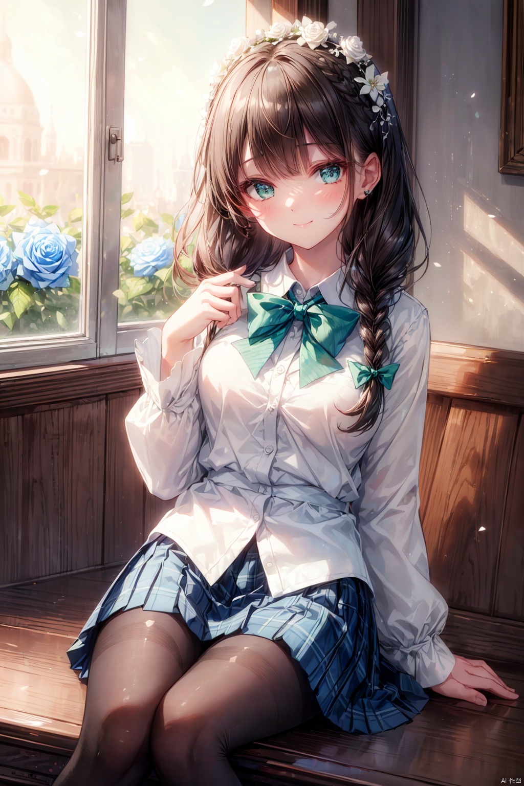 (((masterpiece))),(((best quality))),((ultra-detailed)),((an extremely delicate and beautiful)),on with roses around, 1girl, solo, pantyhose, rose, shirt, blue flower, bow, white shirt, flower, skirt, long sleeves, looking at viewer, white rose, sitting, white flower, braid, blue rose, collared shirt, smile, plaid, green eyes, bangs, blush, closed mouth, green bow, window, bowtie, jewelry, pleated skirt, long hair, indoors , ((dark blown hair)), girl