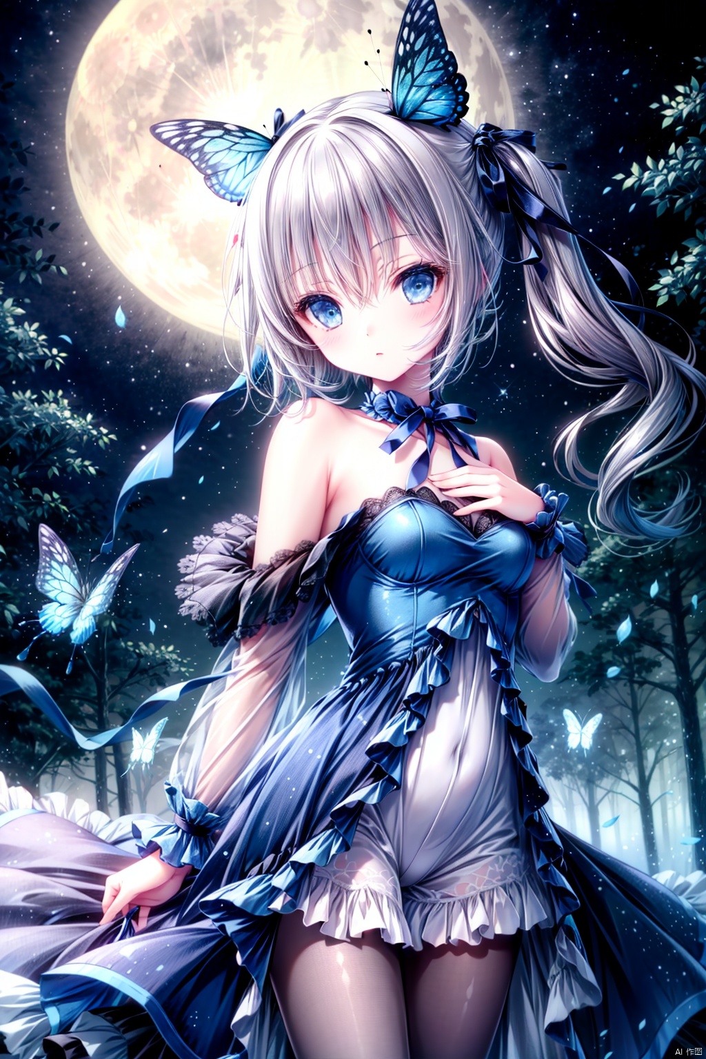 1 Girl. Standing. Denim lens. Dynamic angle. Depth of field. Mid-chest. Blue starry evening dress. Big ribbon on the back. Long ribbon tail. Fluffy sleeves. Butterfly-encircled cuffs. Lots of light. butterfly with light spots. Blush. Off-shoulder. Hair between eyes. Water. Night. Forest. Moon.