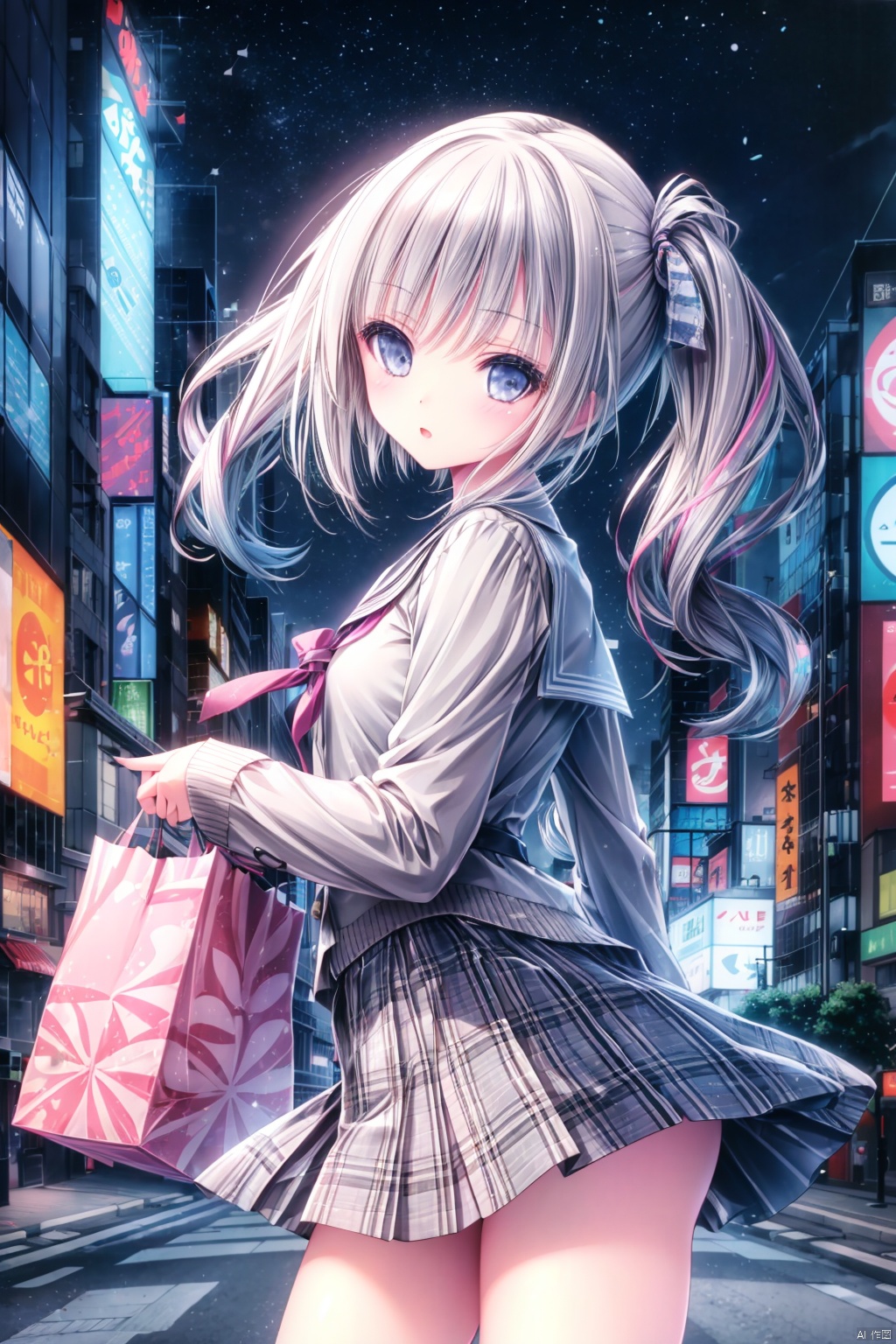 masterpiece, best quality, ultra-detailed, sharp focus, solo, 1girl,(city,shibuya), 💫, ⭐️, dynamic angle, japanese_high_school_uniform,gray_cardigan,fashionable, shopping spree, vivid colors,(gyaru), detailed background, lovely, 8K, elaborate street fashion, multicolored hair, neon accents, confident expression, city lights, bustling streets, cute, (HDR:1), dramatic, action shot,