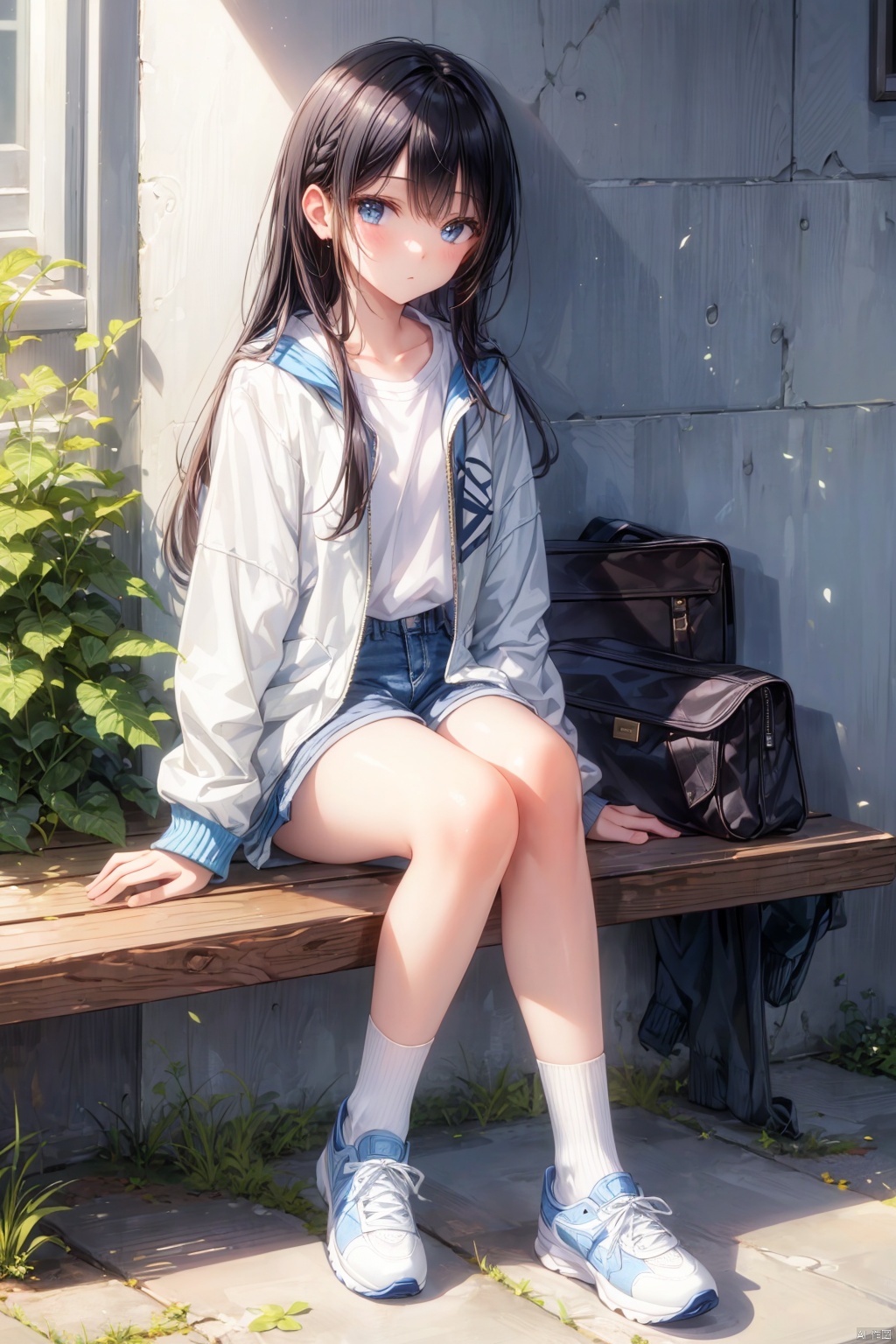 (((masterpiece))),(((best quality))),((ultra-detailed)),((an extremely delicate and beautiful)), sitting at a bench in a building in front of a wall she is looking up with her hair down, 1girl, solo, jacket, sitting, shoes, socks, white socks, looking at viewer, sneakers, long hair, shorts, blue jacket, black hair, signature, long sleeves, blush
