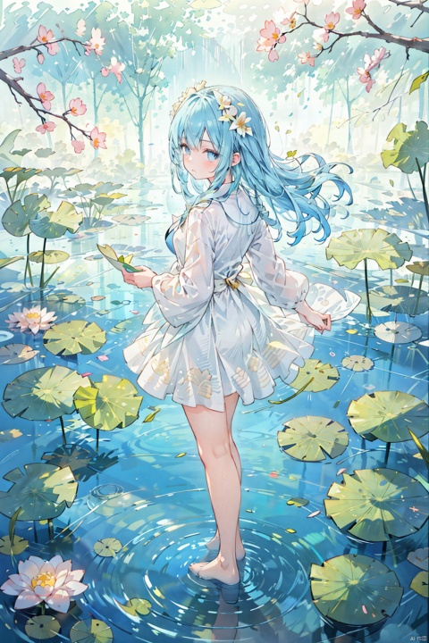  1 Girl. Standing in the water. Ripples under her feet. Reflection on the water. Lotus leaves on the water. Branches. Leaves. Flowers., girl, solo