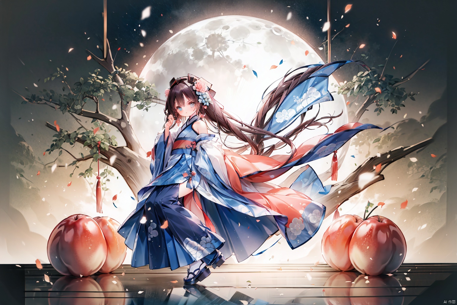  Masterpiece, best quality, 8K, cinematography, ultra-high resolution, Chinese painting, 1 girl, solo, mid chest, early morning, forest, peach and plum, headwear, colorful hair, floral hair, Chinese art, long skirt, Hanfu, Calf, stockings, whole body, extra long hair, floating hair, ribbons, upper body, Chinese clothing, flowers, sleeveless, flower earrings, flower branches, As the moon, flower, zydink