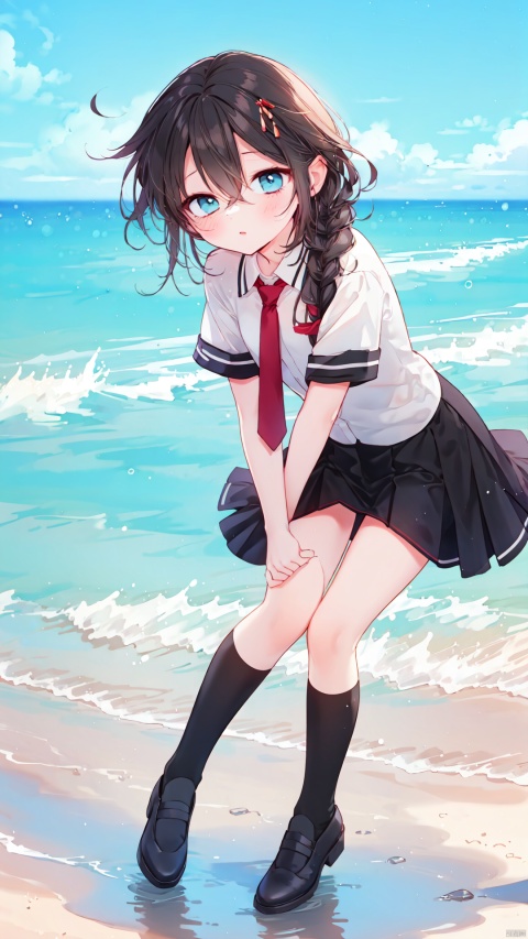 1 girl, red and black uniform, short skirt, knee socks, small black leather shoes, small red tie, unilateral big Fried Dough Twists braid, hair in the middle of eyes, half open eyes, beach, beach, artillery fire