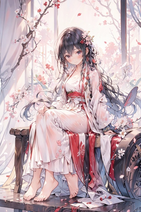 Girl, solo, close focus, black hair, mid chest, extra long hair, Hanfu dress, calves, bare feet, hanging hair, loose hair, hair in the middle of the eyes, hair next to the ears, bangs, sitting, branches above the head, peach blossoms, floating petals, interlocking branches, sparrows standing on branches, blushing, half open eyes, looking towards the audience, looking up, looking down