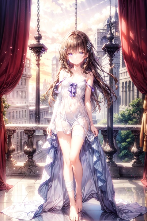 1 girl. Purple eyes, half open eyes, long hair, brown hair, bangs, hair in the middle of the eyes, white bandage on the left eye, hair covering the left eye, hanging hair, smile, small chest, whole body, white camisole dress, barefoot... standing