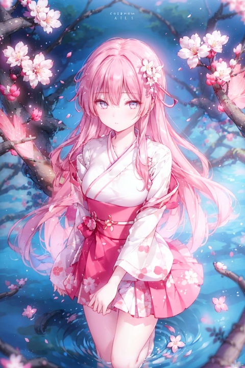 Girl standing on water. Branches. Cherry blossoms. Dynamic shot. View from above. Long hair. Cherry blossom-colored Hanfu skirt. Slit. Calf. Mid-chest. Hair between eyes. Coiled hair. Half-open eyes. Blushing. Ripples. Dynamic angles. High details. Beautiful eyes. Solo, solo