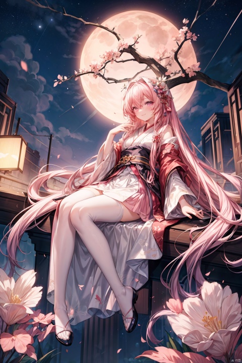 High quality, cute, illustrations, girls looking at the stars, little girls looking up, solo,, silver hair, hair between eyes, long sideburns, super long hair, long hair, pink eyes, front corners, sparkling eyes, drooping eyes, fluffy hair, floating hair. Dynamic angle, long hair, powder blusher, whole body, smile, purple peach branch hanfu, wide pajamas, translucent clothes. Flower hair ornaments, red hair bands, moonlight background,