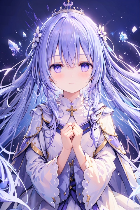 1 Girl. White priest robe with blue and purple lace. Floating hem. Revealing calf. Magic wand. Blushing. Super long hair. Smile. Blushing. Half-open eyes. Bangs. A small golden crown on top of head. Looking forward. Mid-chest. .details.meticulous background.high definition