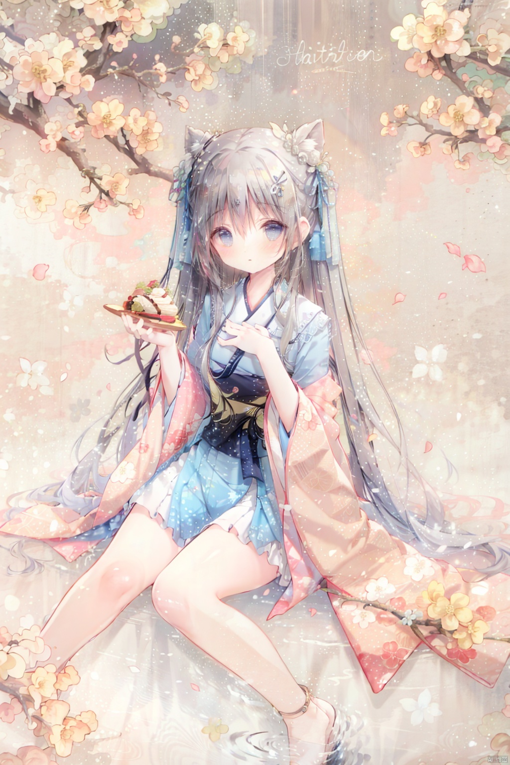 Girl, solo, close focus, mid chest, extra long hair, Hanfu skirt, calves, bare feet, hanging hair, loose hair, hair in the middle of the eyes, hair next to the ears, bangs, sitting, branches above the head, peach blossoms, floating petals, interlacing branches, sparrows standing on branches, blushing, half open eyes, looking towards the audience, looking up, looking down