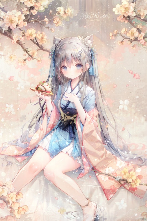 Girl, solo, close focus, mid chest, extra long hair, Hanfu skirt, calves, bare feet, hanging hair, loose hair, hair in the middle of the eyes, hair next to the ears, bangs, sitting, branches above the head, peach blossoms, floating petals, interlacing branches, sparrows standing on branches, blushing, half open eyes, looking towards the audience, looking up, looking down