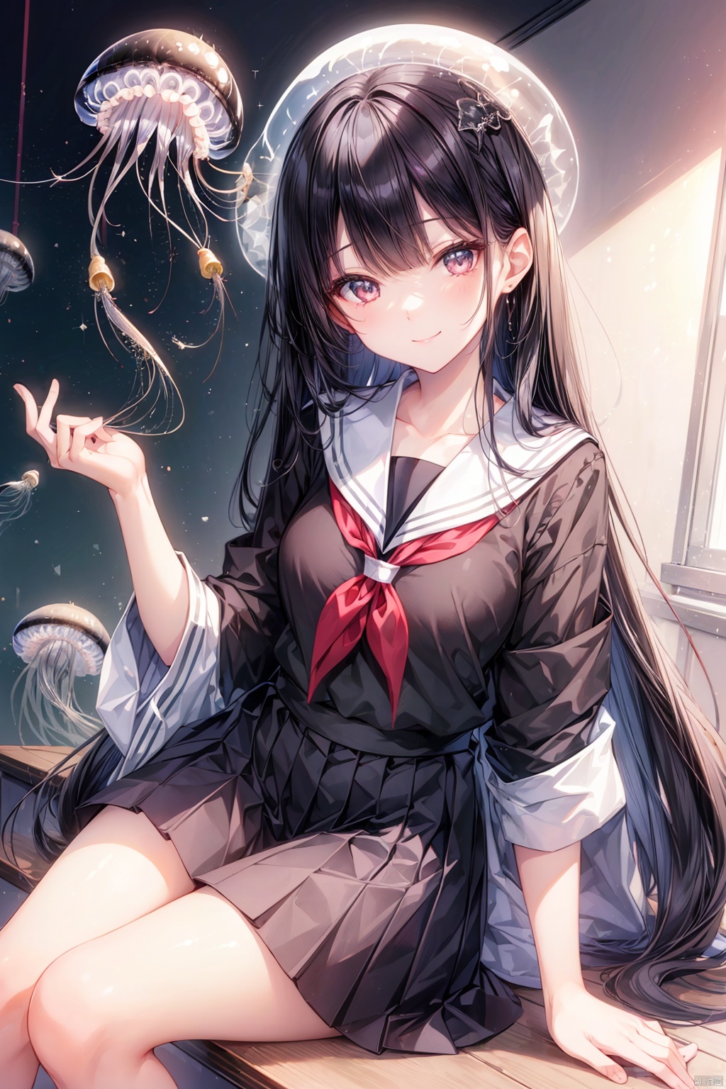 (masterpiece), (best quality), (ultra-detailed), girl, black hair, long hair, bangs, cute, japanese school uniform, smile, classroom, sitting, jellyfish, flying jellyfish, magical, glitter, watercolor,