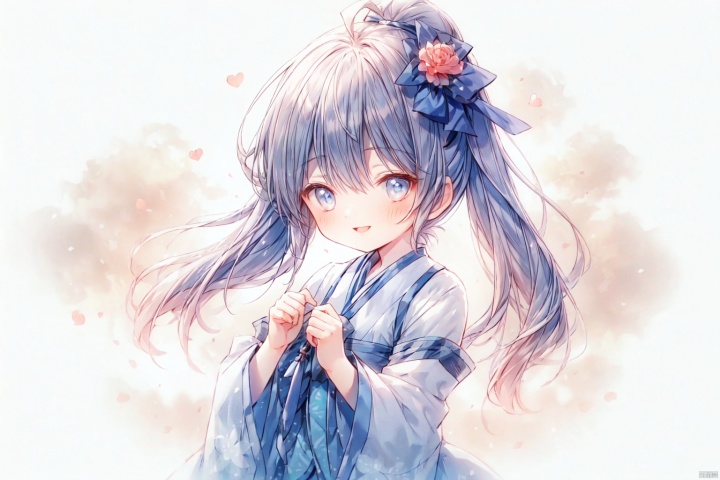  1 girl, singing solo, long hair, chest, looking at the audience, blushing, smiling, bangs, blue eyes, simple background, hair accessories, long sleeves, white background, bow, exposed shoulders, medium chest, upper body, ahoge, heart, side lock, separated sleeves, pink hair, wide sleeves, from the side, hand up, petals, floating hair, hair tubes, string heart, string, string of fate, kochiya sanae