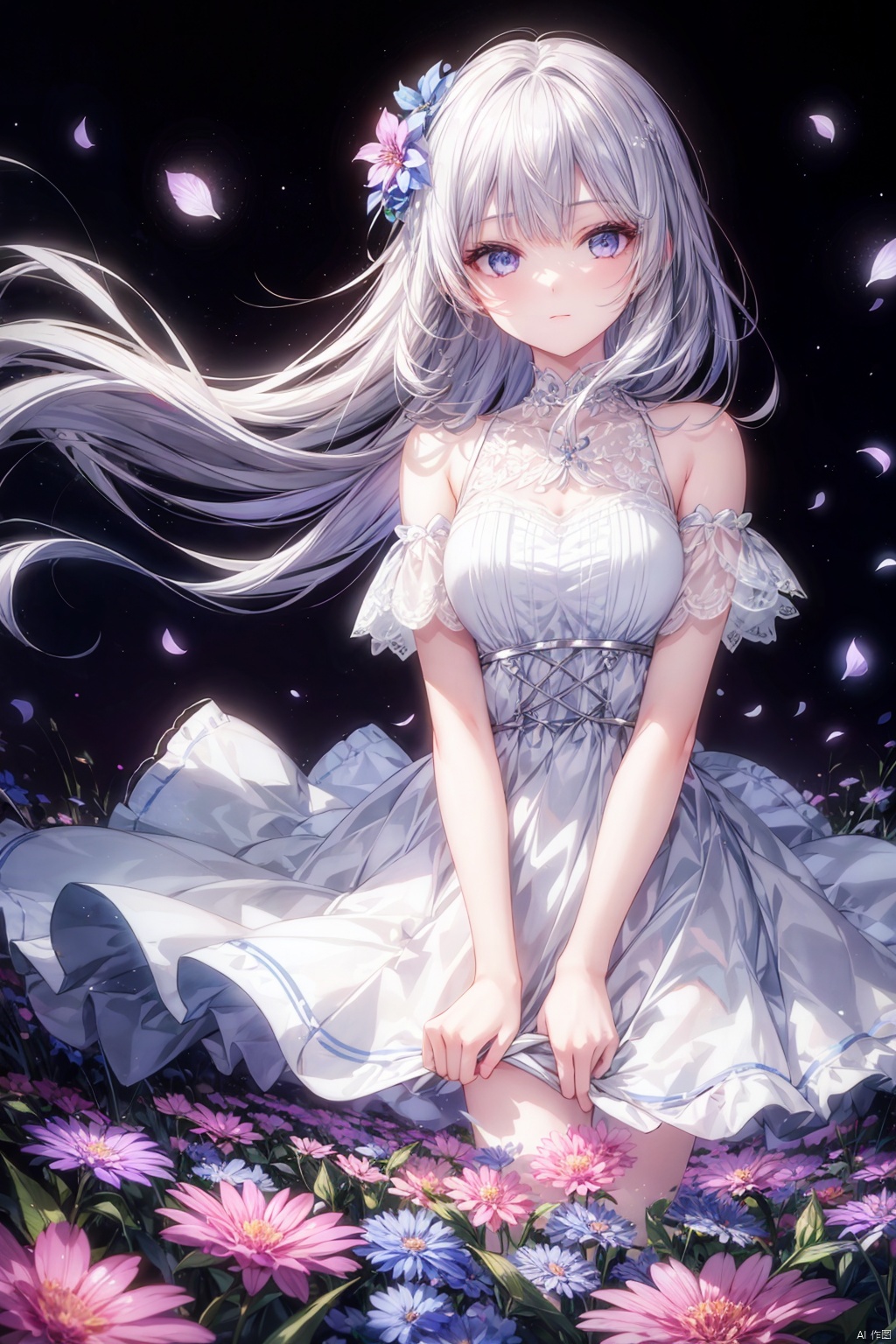 1girl, silver hair, glowing flowers, petals, flower field, night, 
