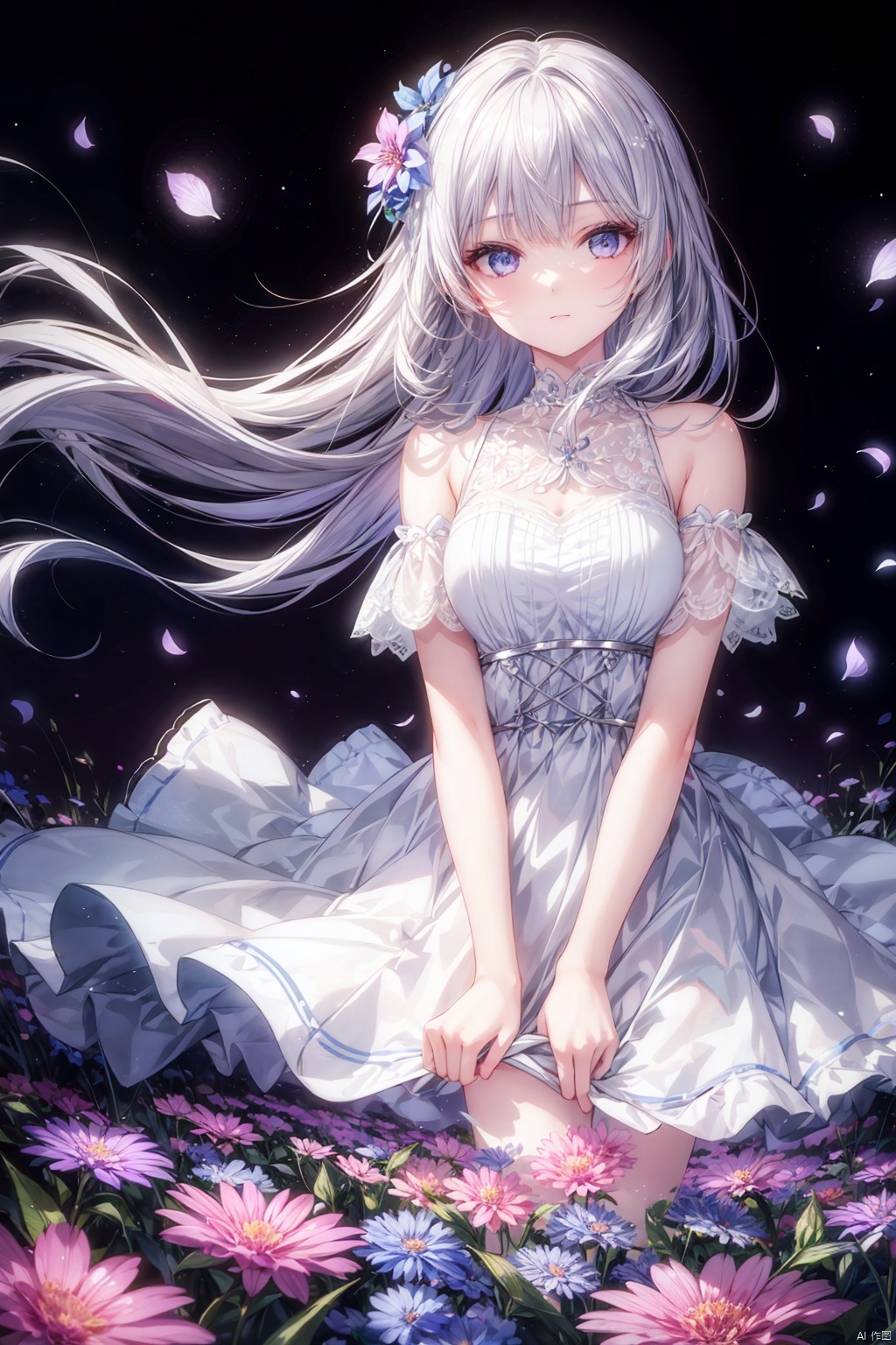 1girl, silver hair, glowing flowers, petals, flower field, night, 
