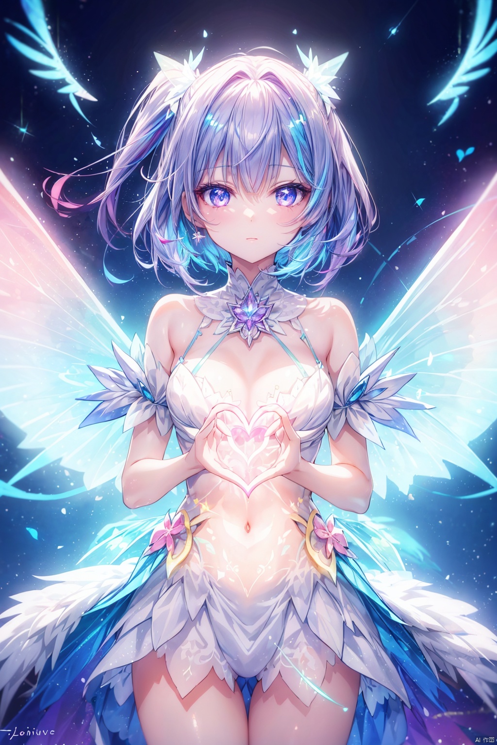 1 Girl, lovely heart,luminous fairy,glowing body,colorful glowing wings,glowing clothes,luminous fairy,glowing body,colorful glowing wings,glowing clothes,Rebellious girl, Good image quality, light color lines, anime style girl,