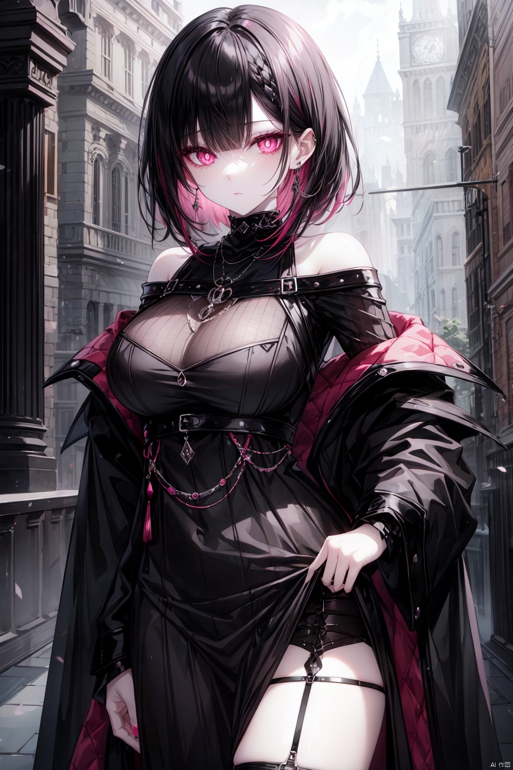 Black hair with pink highlights, large black pupils, dark clothing with lots of jewelry, dark romantic fantasy setting, pale skin