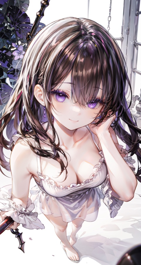 1 girl. Purple eyes, half open eyes, long hair, brown hair, bangs, hair in the middle of the eyes, hair covering the left eye, hanging hair, smile, whole body, white camisole dress, barefoot, close-up, standing, far focus
