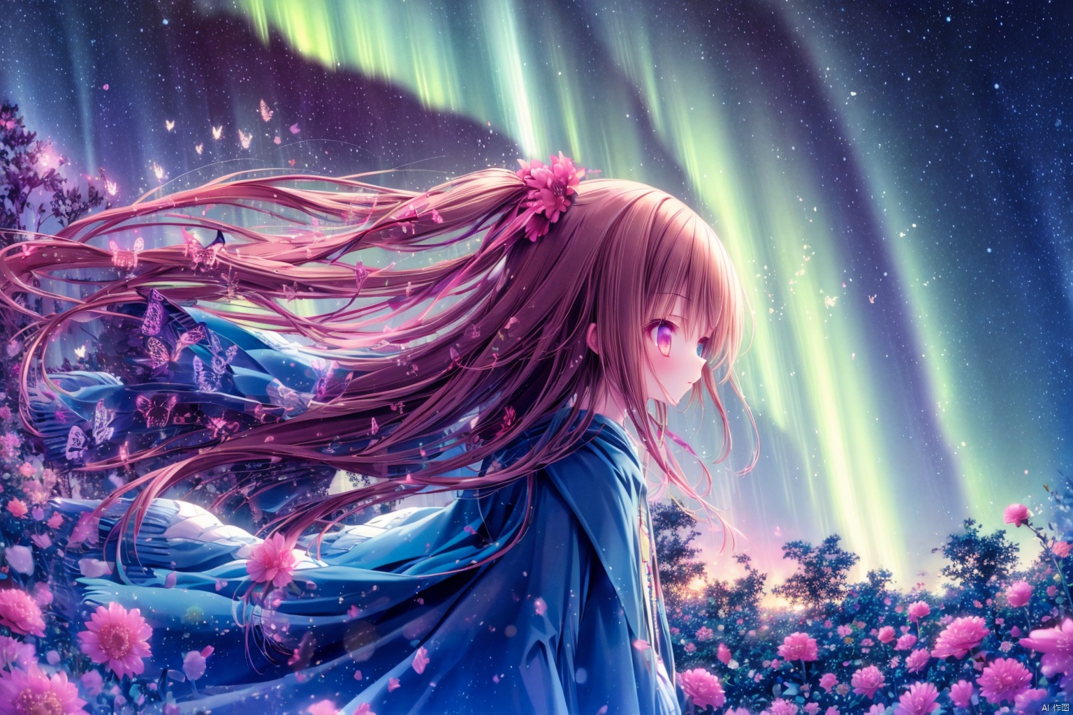  Silhouette, 1 girl, extra long hair, floating hair. Blossomed hair, with butterfly, cloak, in the garden, at night, light particles, fireflies, starry sky, colorful aurora 0.4, night, starry sky, silhouette, backlight, sunset, dazzling