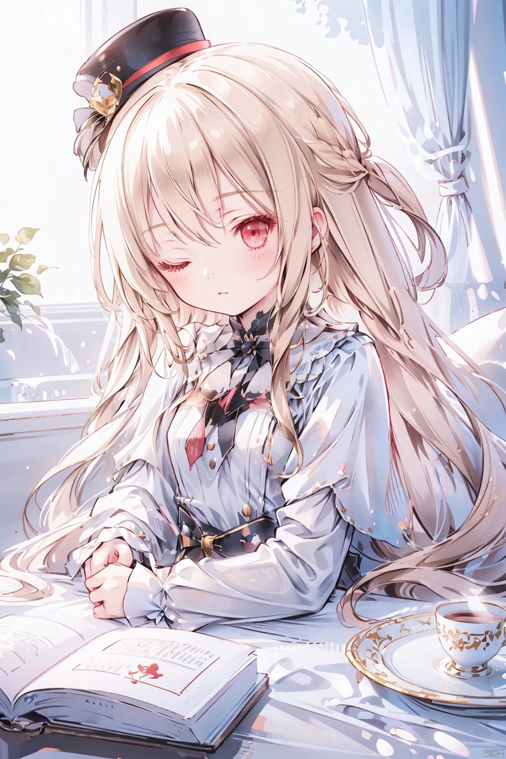 1 girl, solo, long hair, mid chest, blonde hair, hat, dress, sitting, very long hair, red eyes, wrinkles, one eye closed, cup, tea cup, lolita fashion, mini hat, top hat, mini top hat. Looking from the front, hoshi (snacherubi)