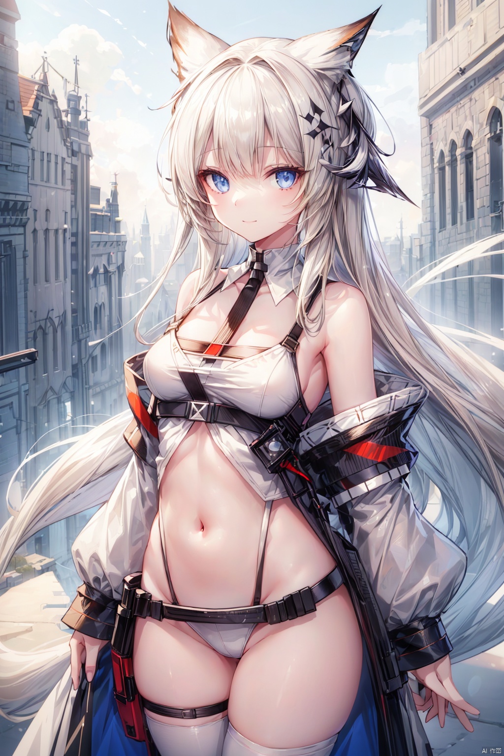 Little_Bird_Girl, 1girl, Smile, solo, long hair, ((White_Wing)), ((Arknights_costume)), (Beige_Long_Hair), Medium breasts, looking at viewer, bare shoulders, Sky_Blue_eyes, thighs, stomach, detached collar, detached sleeves, dutch angle, more_details:1
