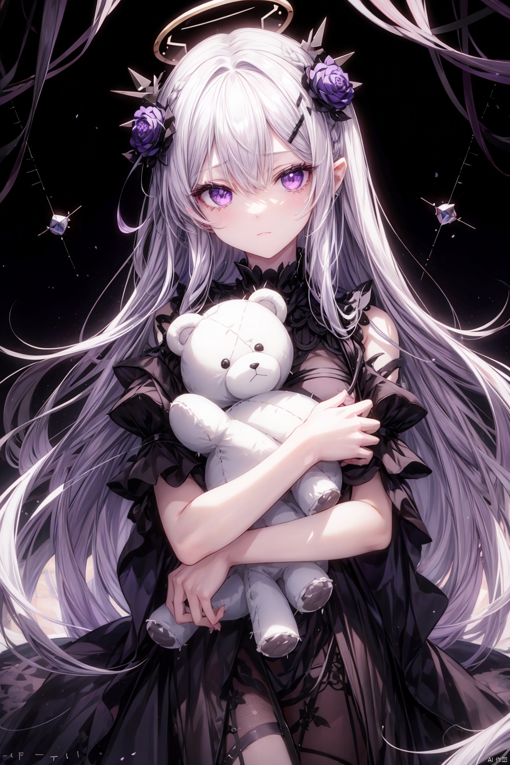 a girl, white long hair, purple eyes, few black flower on hair, hugging a teddy bear, spikes branch halo (floating) on the girl head, her are wearing a black dress
[BREAK]
tears dropping on the girl cheek, the girl curled inside a cage make by vine spikes
[BREAK]
background add much spikes, much broken glass falling
[BREAK], Memento Mori style, Water Colour, hair over right eye