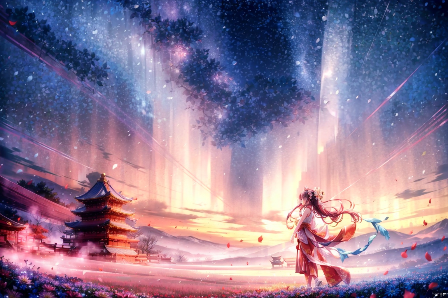  Masterpiece, best quality, 8K, cinematography, ultra-high resolution, Chinese painting, 1 girl, solo, mid chest, early morning, forest, peach and plum, headwear, colorful hair, floral hair, Chinese art, long skirt, Hanfu, Calf, stockings, whole body, extra long hair, floating hair, ribbons, upper body, Chinese clothing, flowers, sleeveless, flower earrings, flower branches,