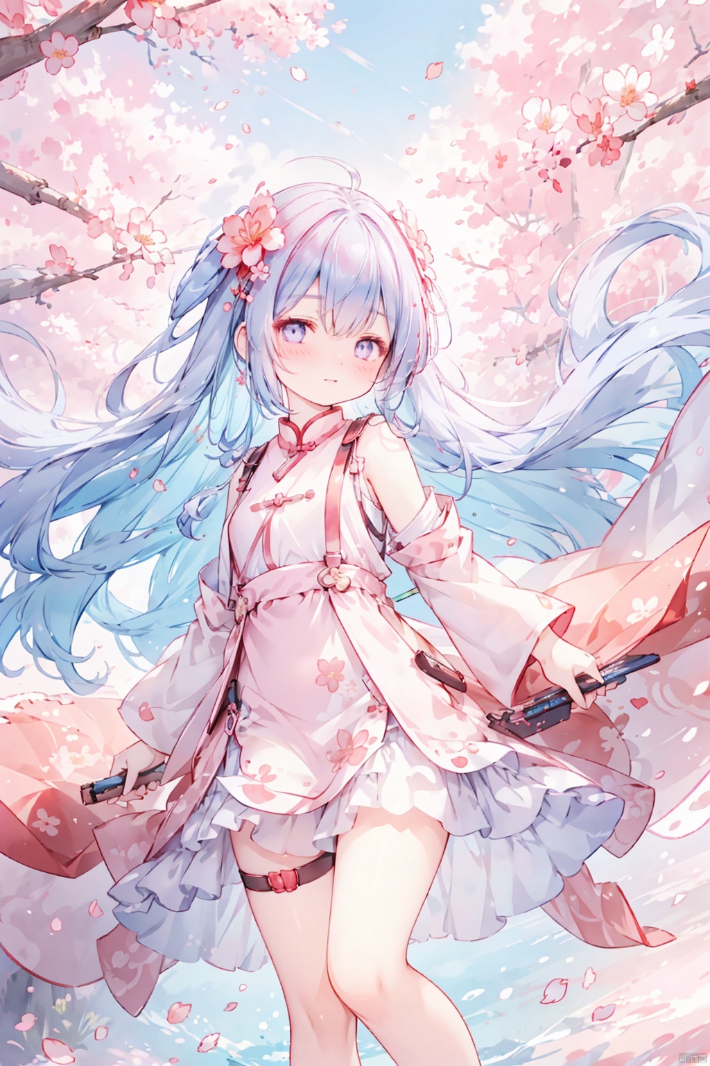 Chinese style, a girl wearing a floral dress with the image of cherry blossoms, bright atmosphere, sunshine, colorful eyes, long hair, floating hair, half open eyes, calves, suspenders, floating petals, blushing, focus, solo